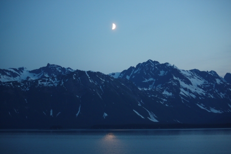 Skagway to Juneau: A perfect crescent (from our balcony at 10PM)